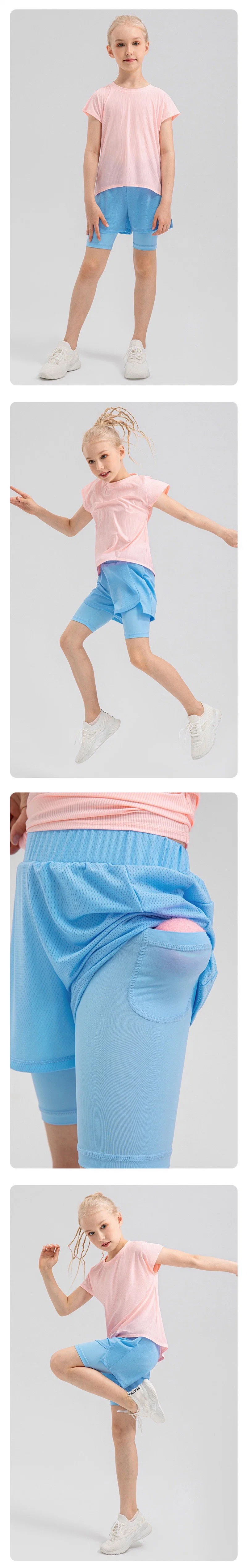 Factory New Design Quick Dry Cute Stylish 2 in 1 Athletic Shorts for Kids Girls, Customize Elastic Waist Running Sports Shorts with Pockets on Inner Liner