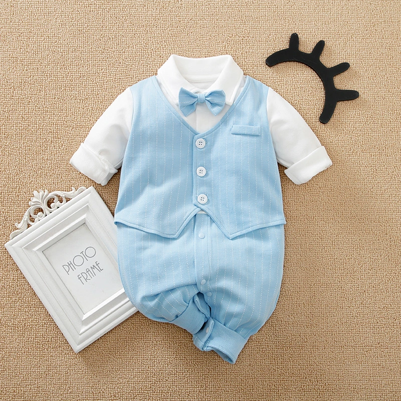 Light Color Gentleman Style 100%Cotton Long Sleeve with Bow Tie Pajama Baby Boys Romper