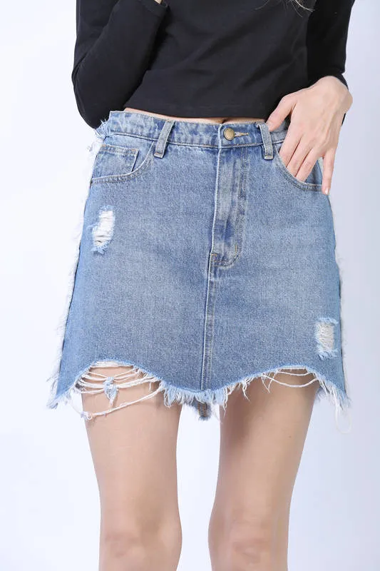 Women Garment Light Blue with Fringe Denim Jeans Skirt