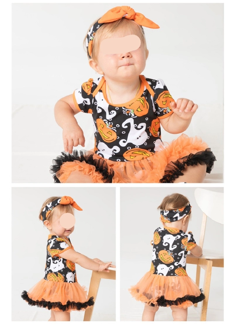 Baby Girls Halloween Pumpkin Bodysuits Tutu Lace Skirt with Headband Esg16387