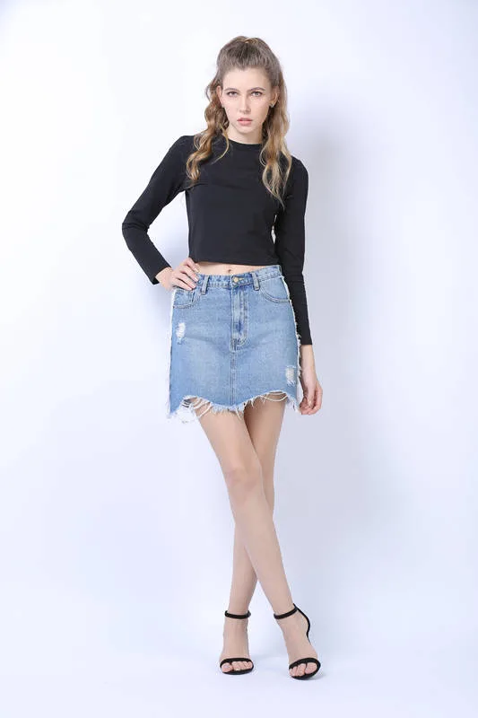 Women Garment Light Blue with Fringe Denim Jeans Skirt