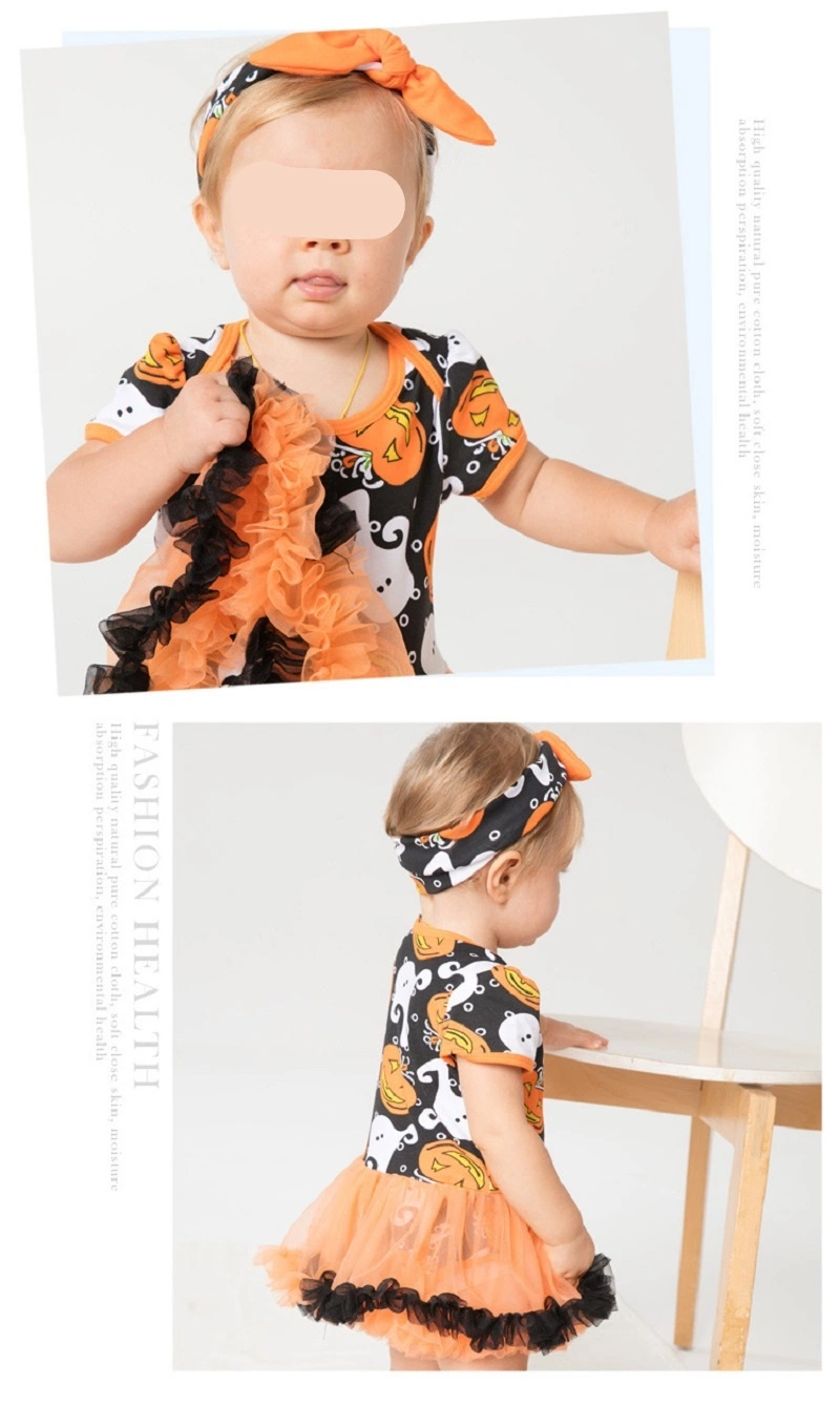 Baby Girls Halloween Pumpkin Bodysuits Tutu Lace Skirt with Headband Esg16387