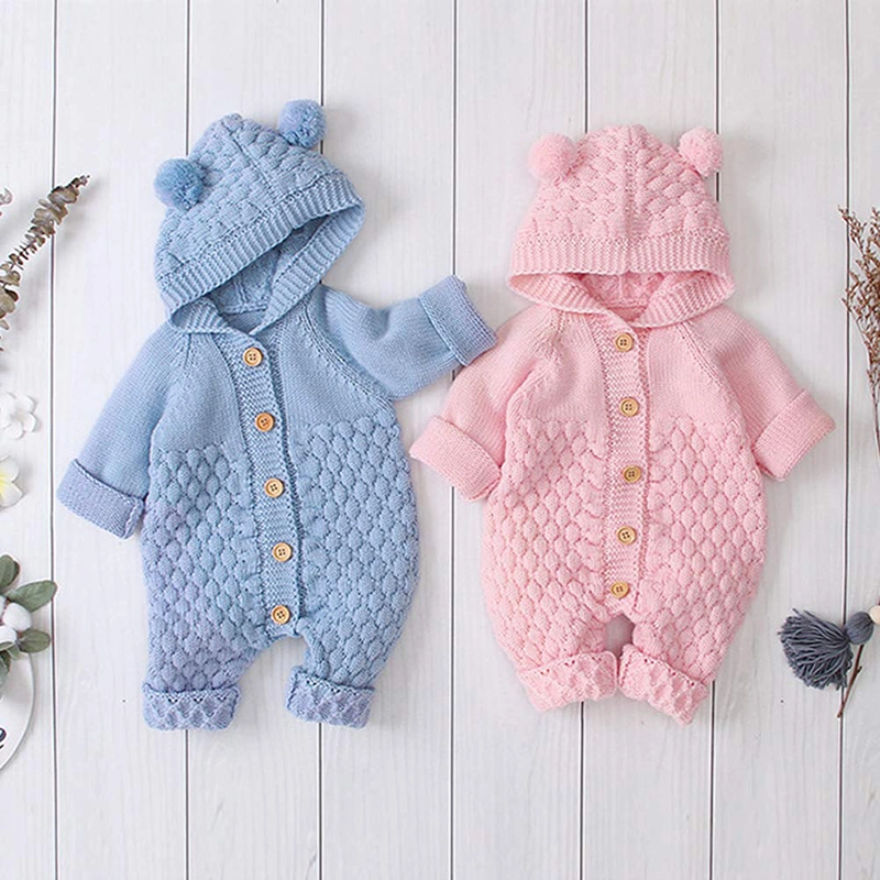 ABC Kids Children Baby Boy Girl Kids Knitting Long Sleeve Rompers Autumn Winter Baby Boys Girls Pure Color Hooded Rompers Clothes