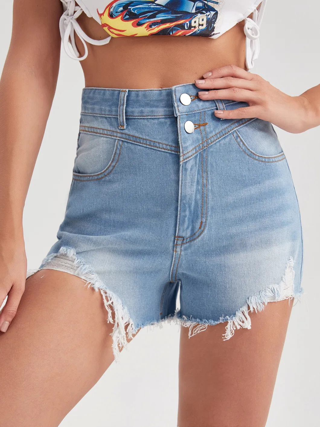 OEM&ODM New Fashion Design Have Two Button on Front and Raw Edge on Bottom High Wasited Light-Blue Color Women Shorts