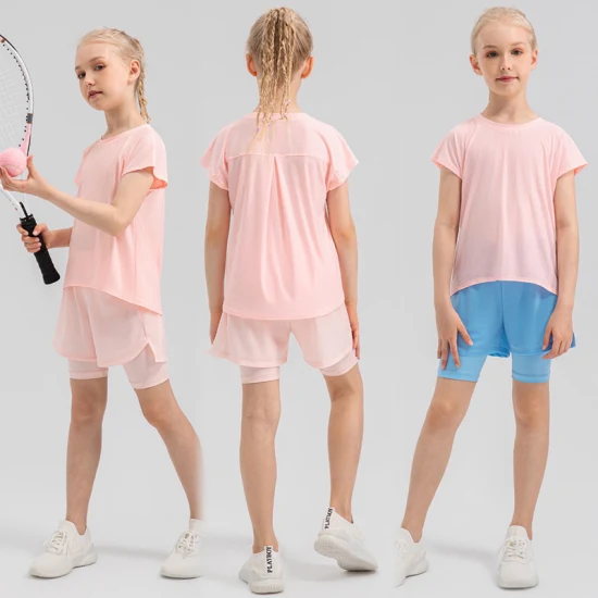 Nuevo diseño de fábrica, pantalones cortos deportivos 2 en 1 lindos y elegantes de secado rápido para niñas, personalizar pantalones cortos deportivos con cintura elástica y bolsillos en el forro interior