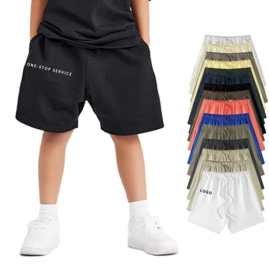 280GSM Ropa de verano para niños Ropa unisex para niños 100% algodón Cintura alta Llanura en blanco Niños Logotipo personalizado Estampado de soplo Esenciales Pantalones deportivos Pantalones cortos para hombres