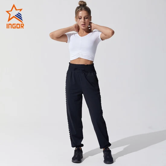 Ingorsports-ropa de entrenamiento para gimnasio para mujer, Anti UV/tela antibacteriana, cuello en V/cuello redondo, Tops cortos cruzados, Frisbee Ultimate Apparel